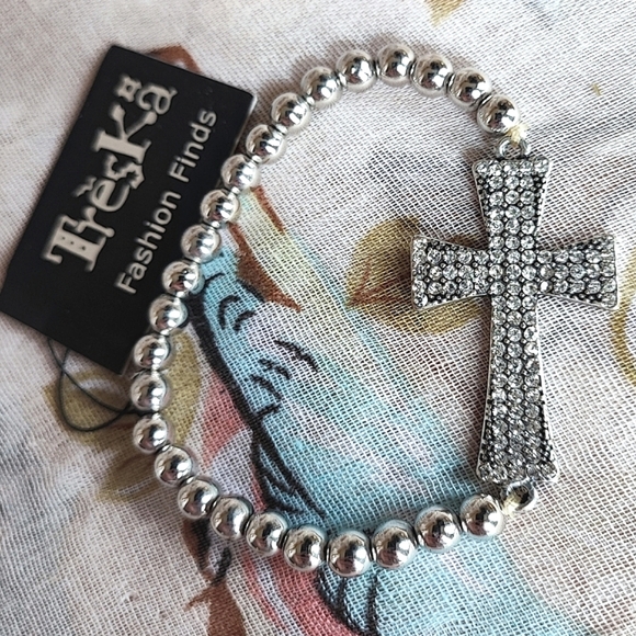 TRESKA Brand Silver Tone Metal Cross Clear Rhinestone Religious Stretch Bracelet - Picture 1 of 11